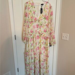 Boohoo White Dress with Pink and Green Floral Design